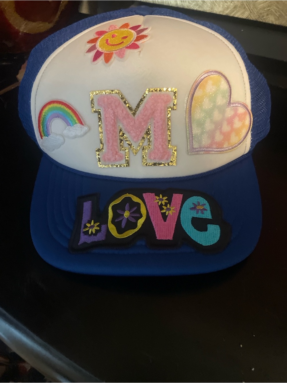 Blue Girls' Trucker Hat with Pink 'M' & Rainbow Patches - LOVE Accent